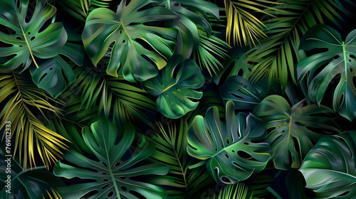 Group background of dark green tropical leaves   monstera  palm  coconut leaf  fern  palm leaf bananaleaf  Panorama background. concept of nature