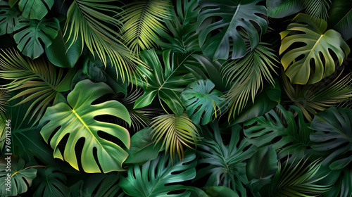 Group background of dark green tropical leaves   monstera  palm  coconut leaf  fern  palm leaf bananaleaf  Panorama background. concept of nature