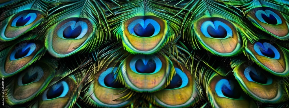 Obraz premium Beautiful closeup peacock green and blue luminous feathers pattern. Macro texture of colorful fluffy plumage from tropical bird. Minimal natural fashion concept