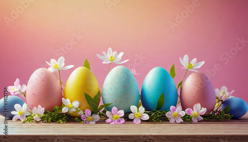 Uma fileira de ovos coloridos com fundo cor-de-rosa e algumas flores decorando.