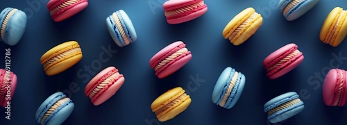 Close-up of pastel coloured sweet macarons on a plain navy background, flat lay