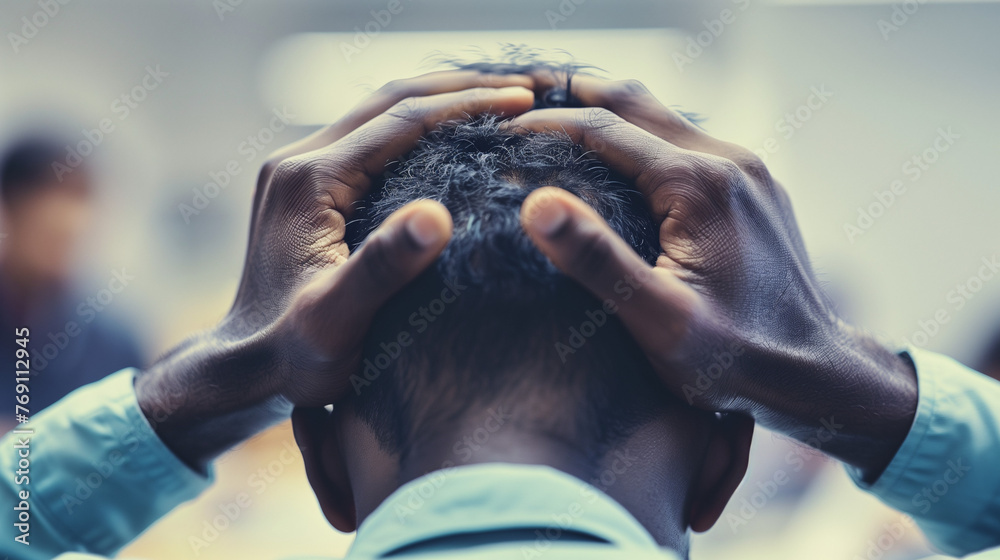 Office Stress
 Close-up of an African American man in an office setting, visibly distressed with hands on head, portraying stress and anxiety amidst work pressure. - obrazy, fototapety, plakaty 