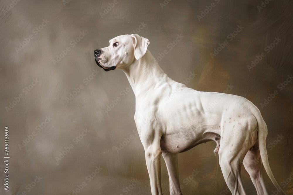 A purebred dog poses for a portrait in a studio with a solid color background during a pet photoshoot.
A purebred dog poses for a portrait in a studio with a solid color background during a pet photoshoot.