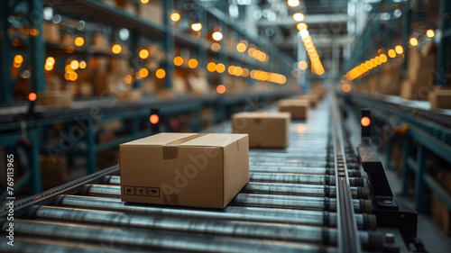 Cardboard Box on Conveyor Belt in Distribution Warehouse