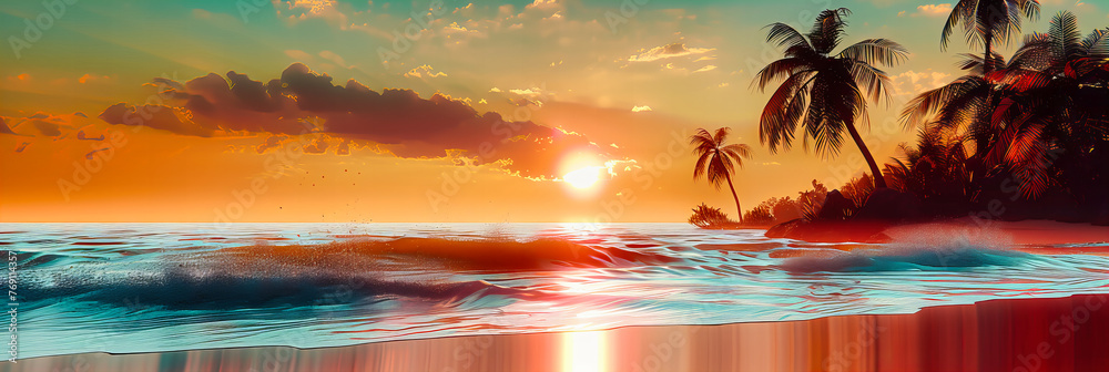 Sunset Over the Tropical Coast, Serene Beach Evening, Palm Silhouettes Against a Fiery Sky
