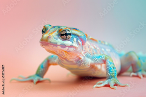 A purebred newt poses for a portrait in a studio with a solid color background during a pet photoshoot.

