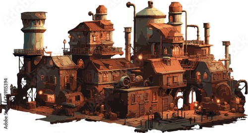 Vector isometric 3d view of old factory. Building of the end of 19th beggining od 20th centuries isolated on white background