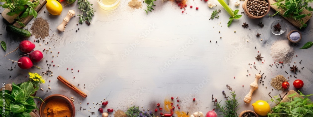 Multi purpose blank board with fruits, vegetables, spices, and and small tableware items, suitable for menus etc., background with copy space