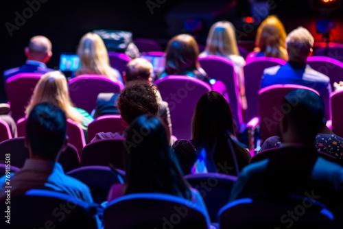 Back view of an attentive audience watching a performance in a theater with vibrant purple seats.