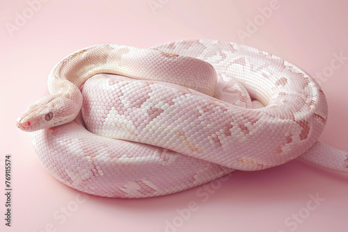 A purebred snake poses for a portrait in a studio with a solid color background during a pet photoshoot.