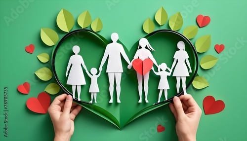 World Heart Day concept, a family holding hands with a heart world and a stethoscope on a green leaves background created with generative ai photo