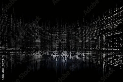 Binary code, frontal view, screen, solid black background, tech technology letters Pure black background with blank copy space for text or photo backdrop photo