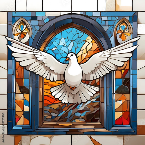 White dove flying against a colored mosaic church window