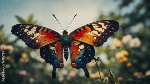 Colorful butterfly with spread wings flying.