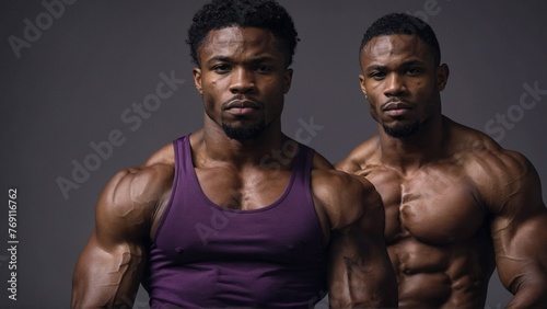 African American male fitness model with well-defined abdominal muscles wearing a purple top.