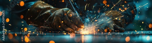 Close-up of an engineers hand drawing with a double exposure of welding action