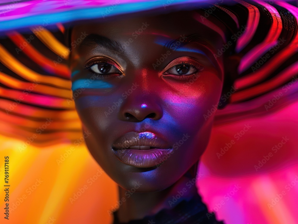 Artistic close-up portrait in black summer fashion against a geometric color explosion Artistic close-up portrait in black summer fashion against a geometric color explosion