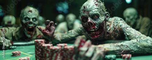 A tense poker face-off between zombies, focus on the chips being bet in a close-up shot photo