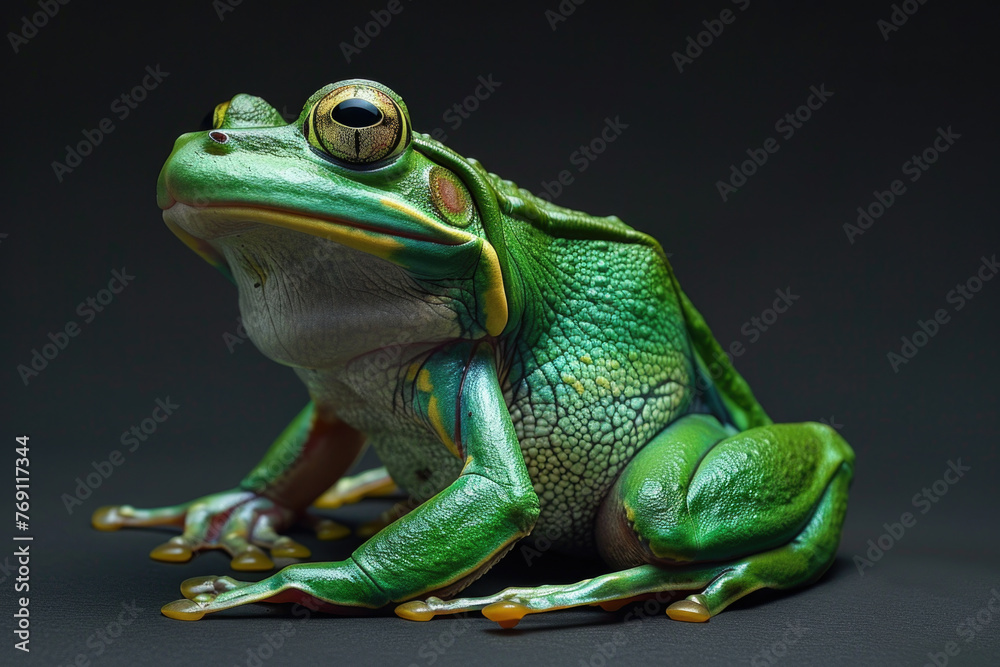 Obraz premium A frog poses for a portrait in a studio with a solid color background during a pet photoshoot.