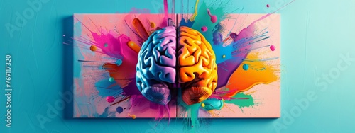 Pop art brain in psychedelic colors on a light blue backdrop with colorful paint splashes  background