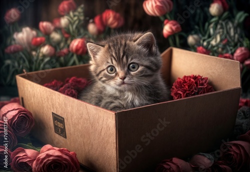 Kitten sits in a box with hearts and rose flowers. Сat gives love gift for valentine's day, The 14th of February. [Digital art. Generative AI painting]