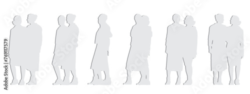 Vector concept conceptual gray paper cut silhouette of two elderly women talking from different  perspectives isolated on white. A metaphor for communication, connection, life and friendship