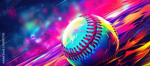 A detailed view of a baseball ball placed on a vibrant and colorful backdrop, with a blurred background adding depth