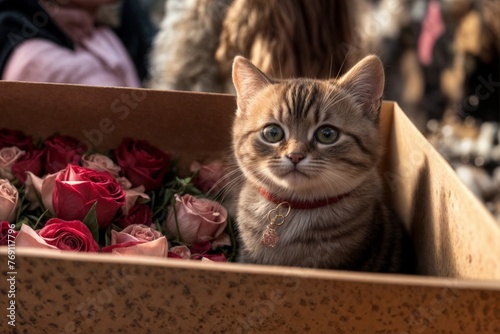 Kitten sits in a box with hearts and rose flowers. Сat gives love gift for valentine's day, The 14th of February. [Digital art. Generative AI painting]