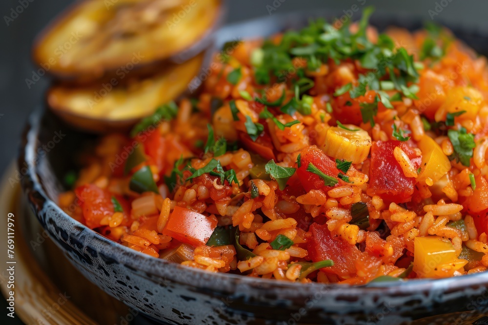 Close-up of a Ghanaian jollof rice vibrant with tomatoes