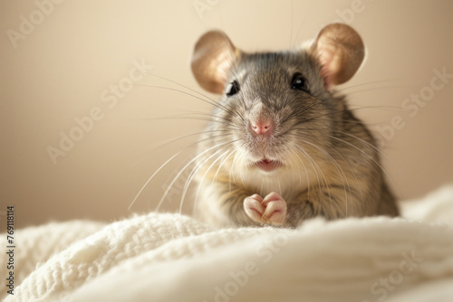 A purebred rodent poses for a portrait in a studio with a solid color background during a pet photoshoot.