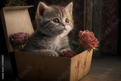 Kitten sits in a box with hearts and rose flowers. Сat gives love gift for valentine's day, The 14th of February. [Digital art. Generative AI painting]