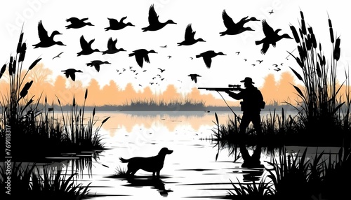 Wildlife Duck animals hunting hunt landscape panorama - Black silhouette of a hunter with rifle gun and dog in reed bog shoots at flying mallard ducks, isolated background wallpaper generative ai photo