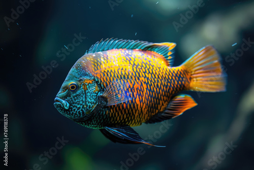 A purebred fish poses for a portrait in a studio with a solid color background during a pet photoshoot.