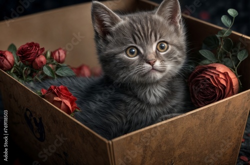 Kitten sits in a box with hearts and rose flowers. Сat gives love gift for valentine's day, The 14th of February. [Digital art. Generative AI painting]