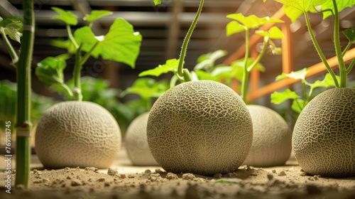 Fresh melons on soil with greenhouse background