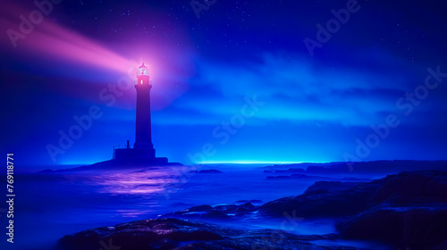 Lighthouse beams playfully dance and twirl  creating a vibrant light show along the coastal horizon