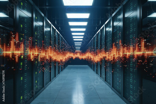 Contemporary Data Infrastructure Hub Housing Server Racks in Dimly Lit Chamber Enhanced with Visual Effects. Imagery Depicting Connectivity of IoT, Streamlined Data Movement, and Digitization  photo