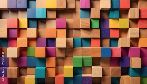 Abstract geometric rainbow colors colored 3d wooden square cubes texture wall background banner illustration, textured wood wallpaper background 4k created with generative ai.