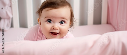 The happy baby is laying on its stomach in the crib, smiling with rosy cheeks and eyelashes fluttering, while holding onto its thumb with one hand
