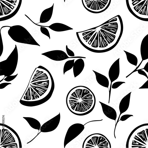 Citrus seamless pattern background design. Engraved style. Hand drawn orange.