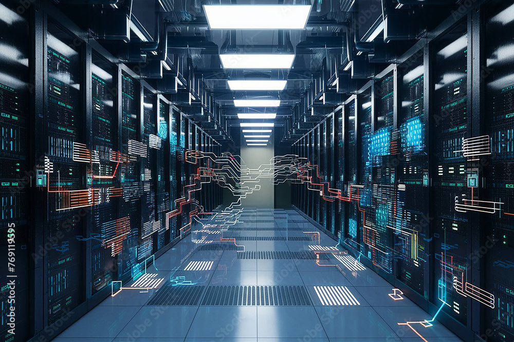Contemporary Data Infrastructure Hub Housing Server Racks in Dimly Lit