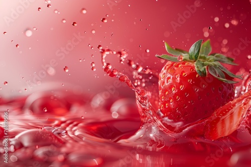 Juicy Strawberry in Dynamic Red Flow, Close-Up Photography