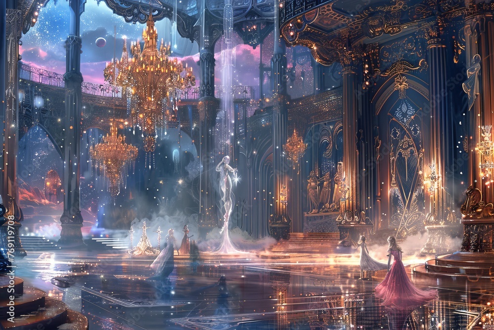 a lavish ballroom in the celestial realm where strange creatures and celestial beings converge for a magical evening of elegance.