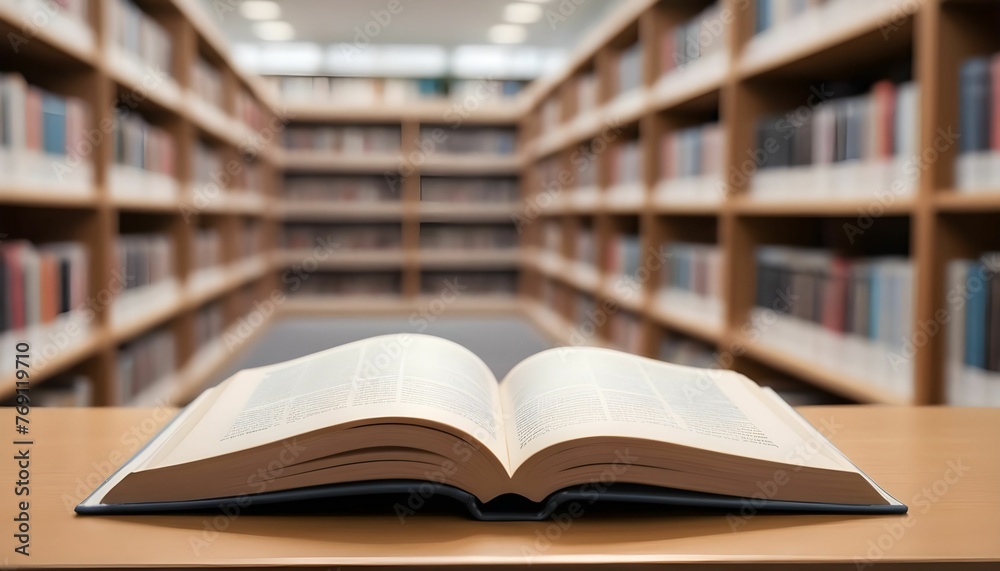 open book in library with blurred bookshelf in background World Book Day created with generative ai. open book in library with blurred bookshelf in background World Book Day created with generative ai.