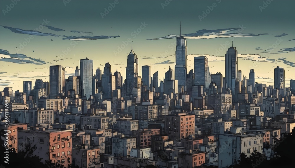 Downtown city skyline comic book art style. digital art illustration background created with generative ai.