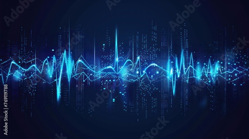 Illustration of sound waves on a dark background. Abstract blue digital equalizer indicator. Electronic sound or audio track graphic meter.