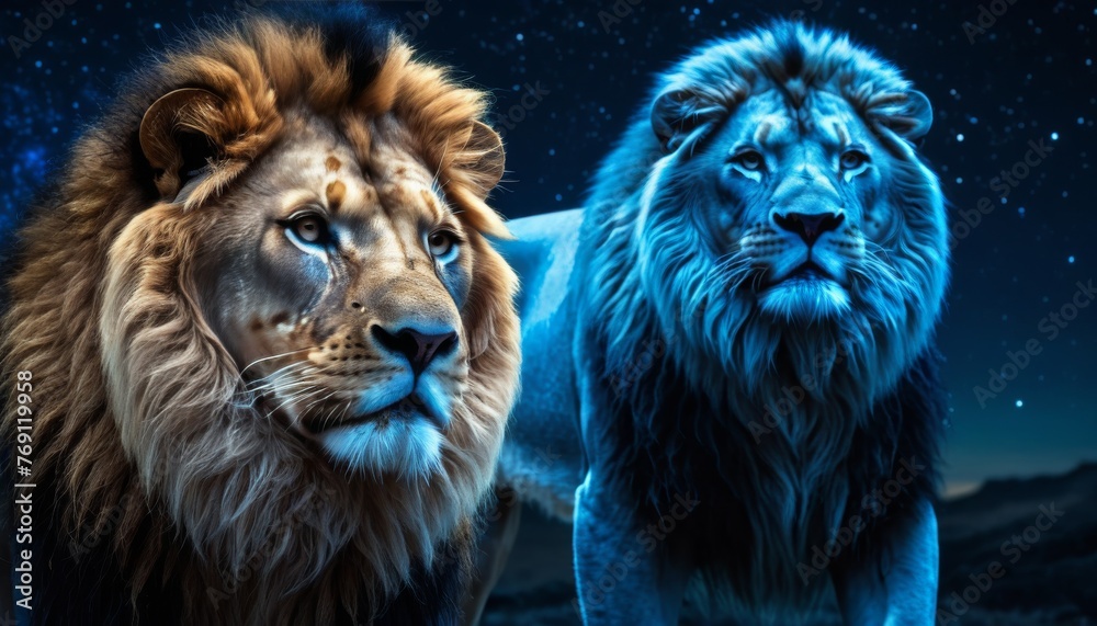 A side-by-side portrayal of a realistic lion and its artistic blue counterpart against a cosmic backdrop, highlighting nature's majesty and human creativity.