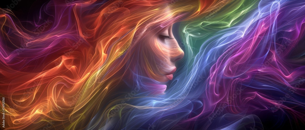   A digital portrait of a woman with closed eyes, flowing hair, and wind blowing through it