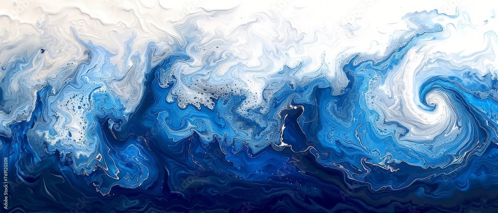  A vibrant abstract painting featuring swirling shades of blue and white against a backdrop of white and blue, with a striking black and white swirl on the left side