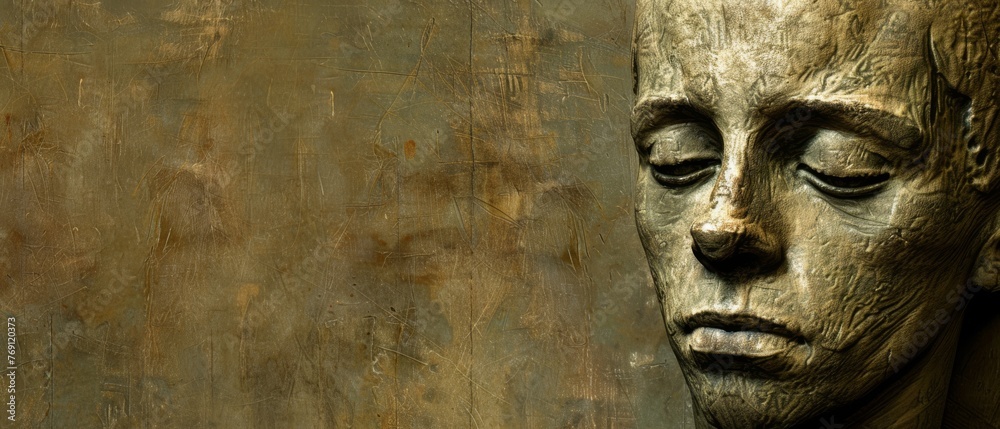   A photo of a statue's face with closed eyes against a wooden backdrop